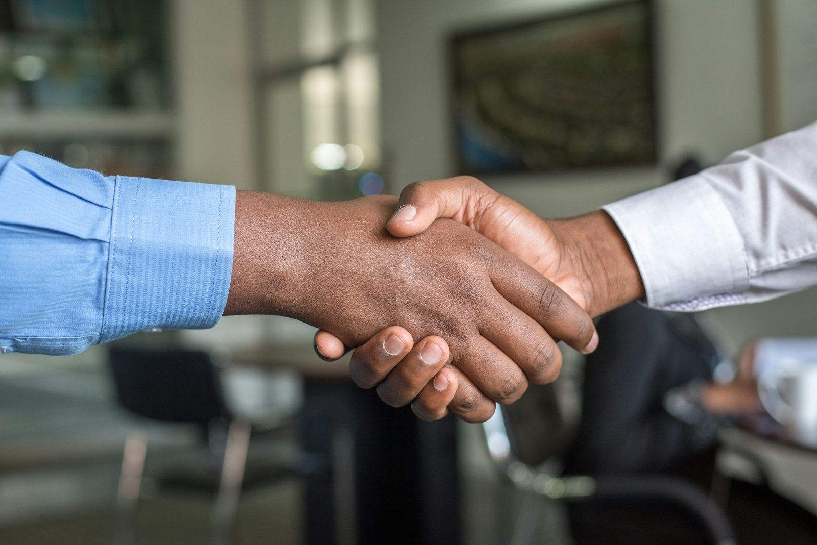 Two people shaking hands to close a business agreement